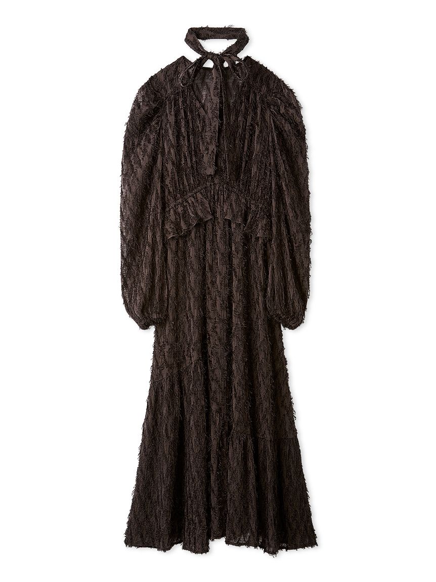 WEB限定00サイズ】ボウタイ付きフリンジジャガードペプラムワンピース