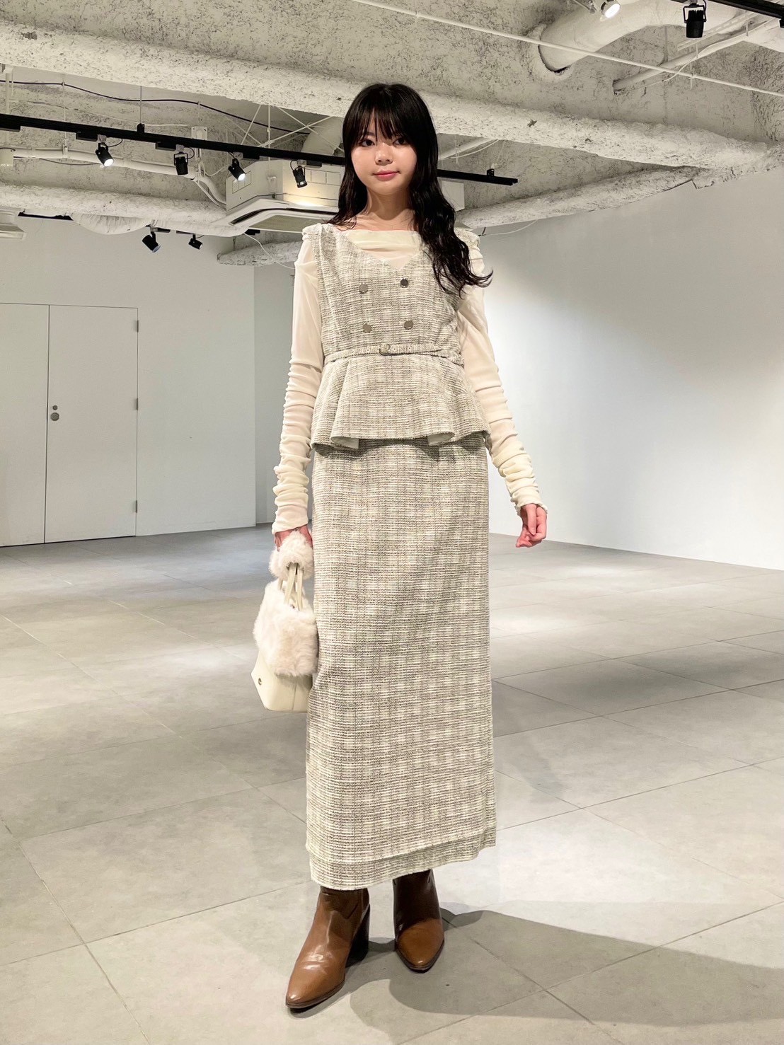 ダブル釦ツイードペプラムワンピース(マキシ・ロングワンピース