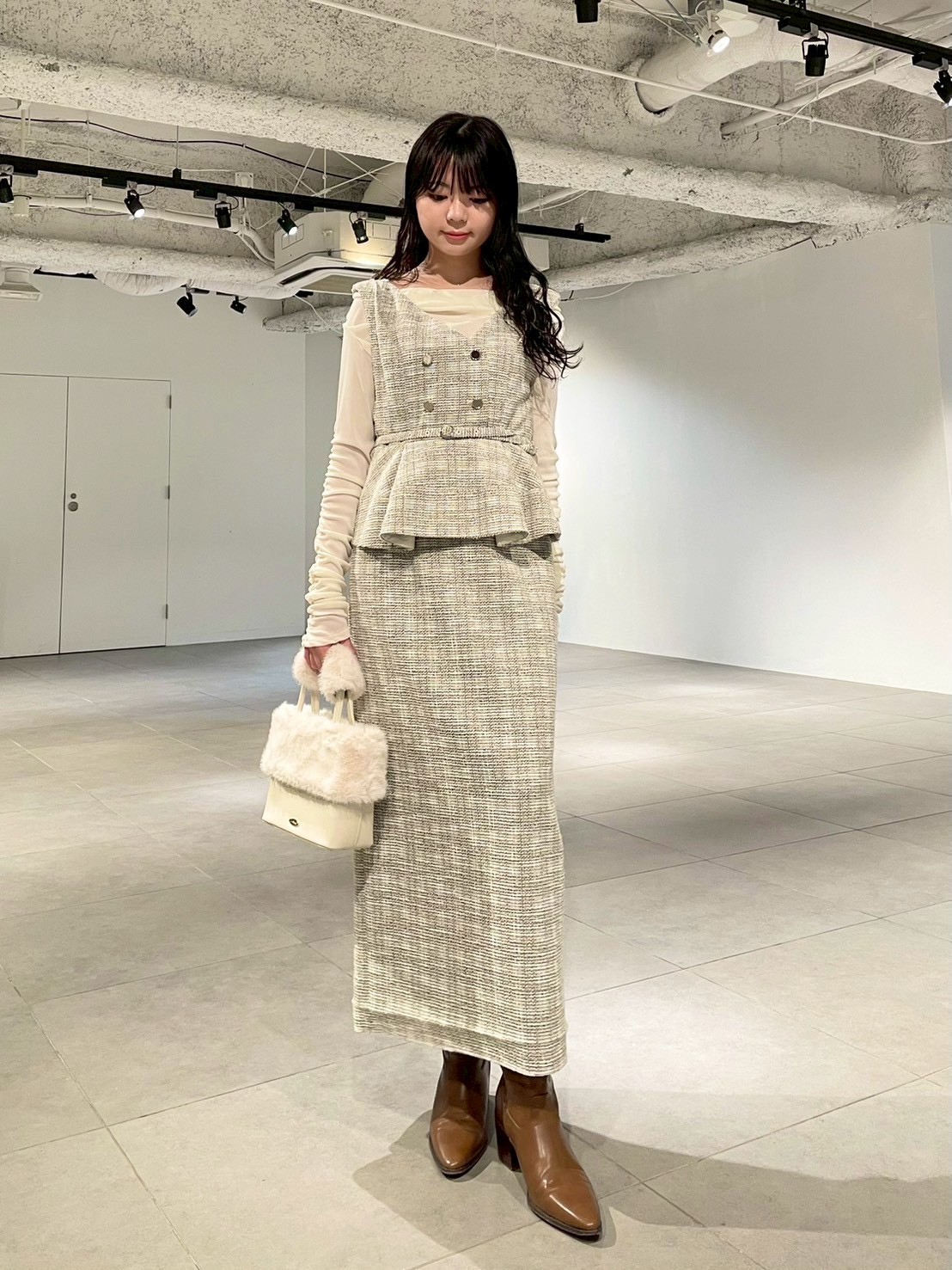 ダブル釦ツイードペプラムワンピース(マキシ・ロングワンピース