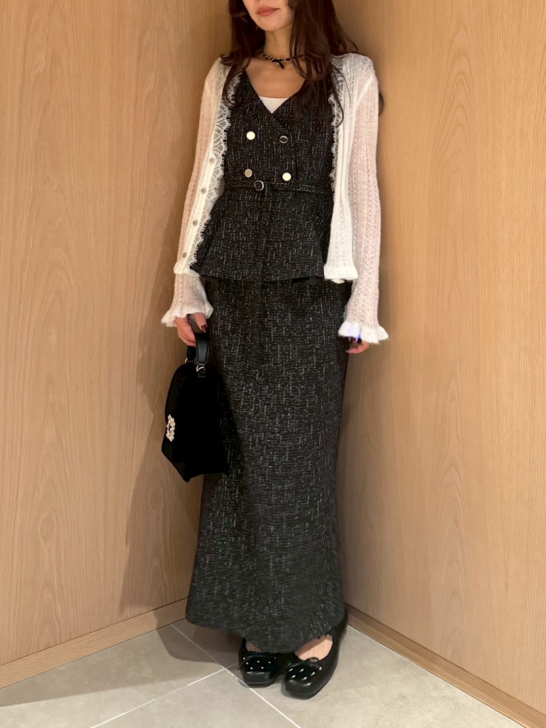 ダブル釦ツイードペプラムワンピース(マキシ・ロングワンピース