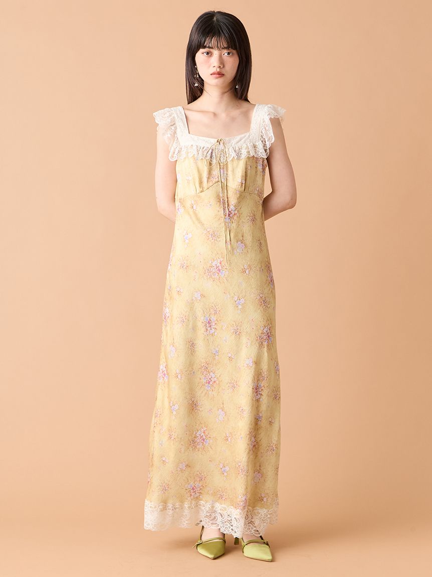 ヴィンテージレーストリムサテンロングドレス(マキシ・ロング