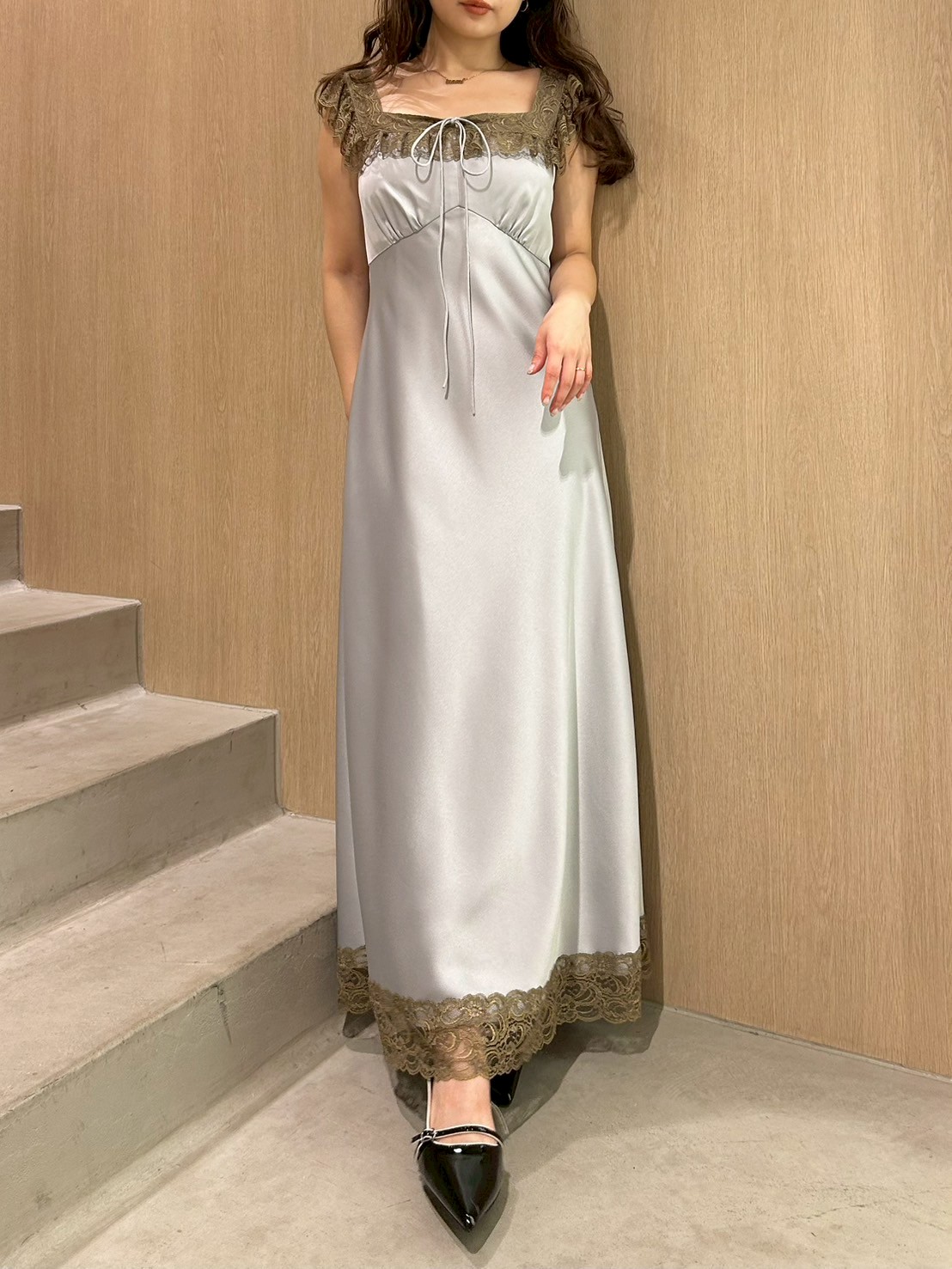 ヴィンテージレーストリムサテンロングドレス ヴィンテージレーストリムサテンロングドレス(マキシ・ロング