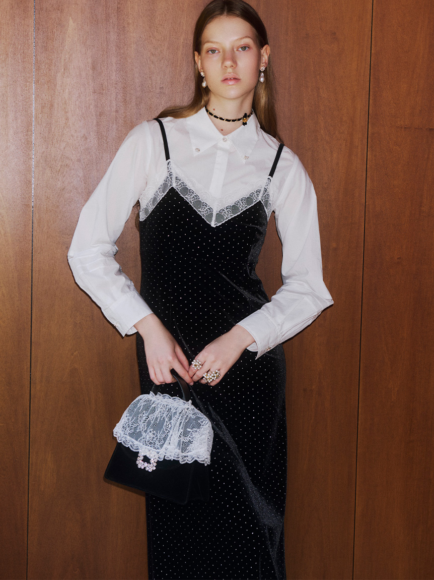 L.B CANDY STOCK]シャツコンビビジューワンピース(マキシ・ロング