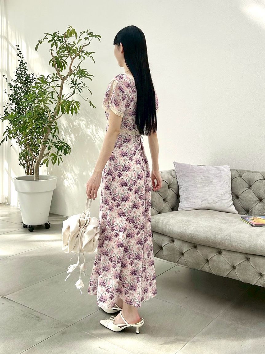 ロマンティックレーストリムプリントワンピース(マキシ・ロング