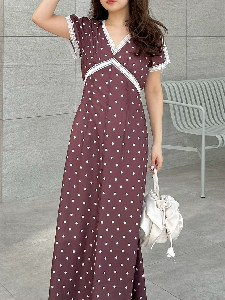 ロマンティックレーストリムプリントワンピース(マキシ・ロング