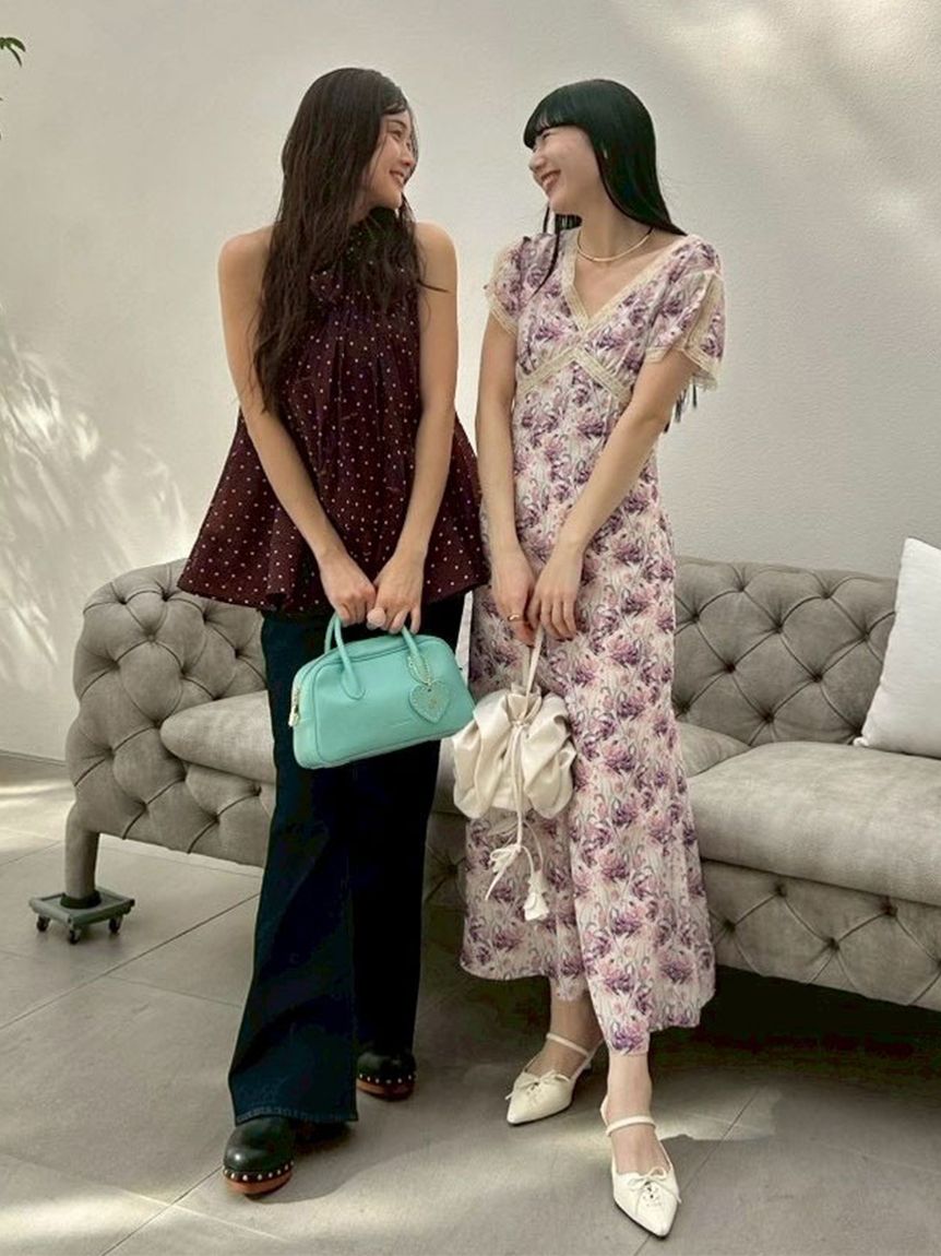 ロマンティックレーストリムプリントワンピース(マキシ・ロング