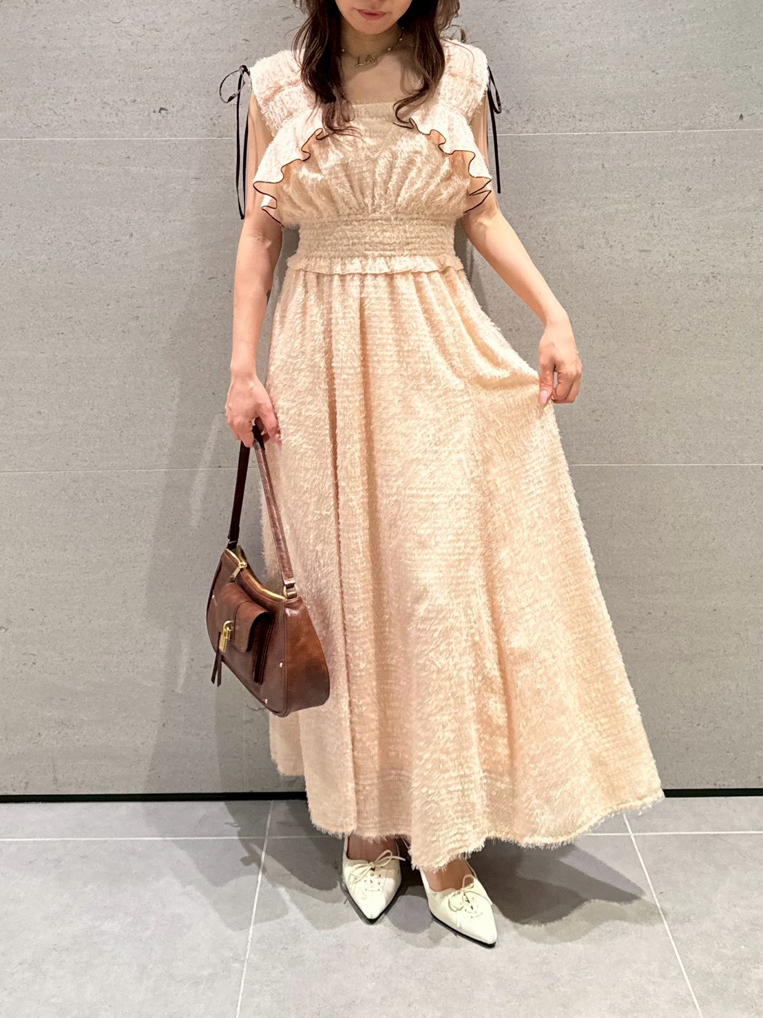 フリンジジャガードシャーリングワンピース(マキシ・ロングワンピース