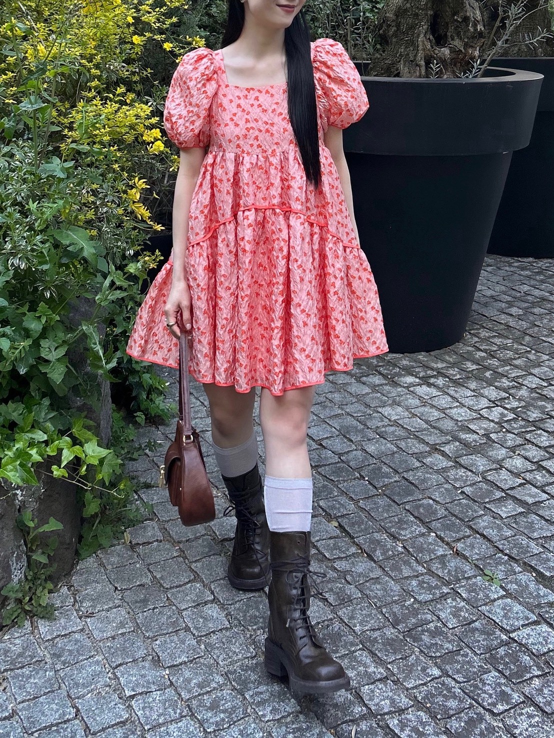 ジャガードボリュームバックリボンミニワンピース(ミニワンピース