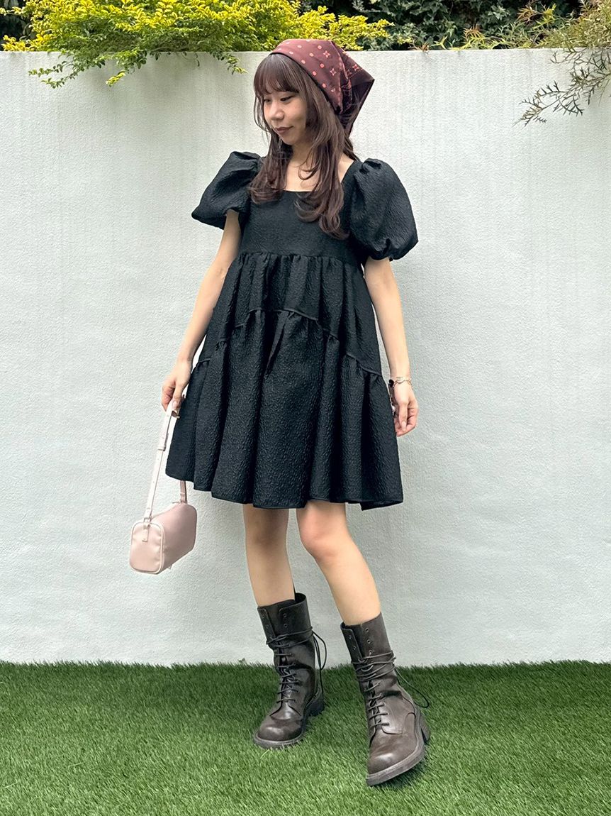 ジャガードボリュームバックリボンミニワンピース(ミニワンピース