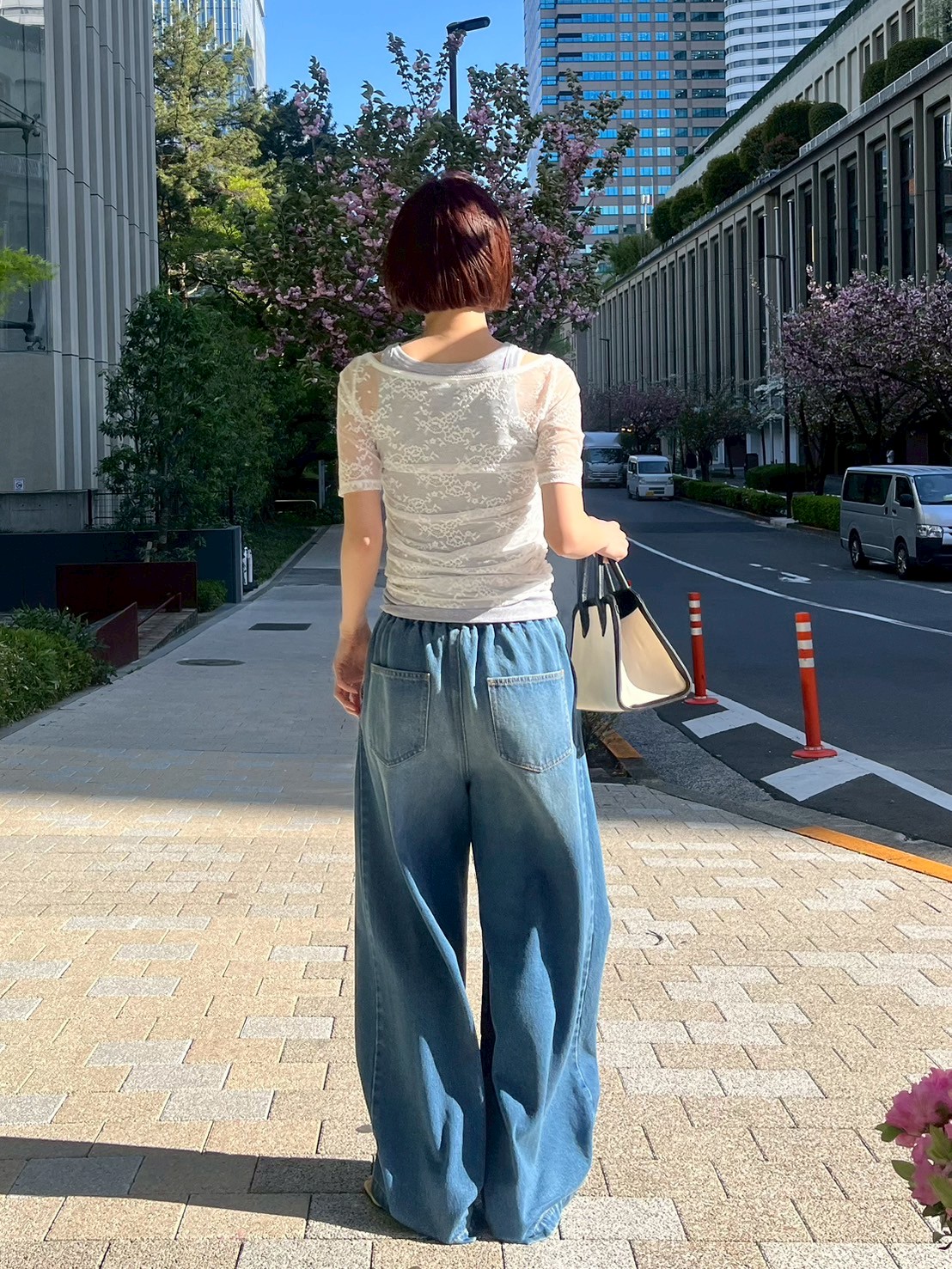 45R☆BIZEN ストレッチワイドデニムパンツ/ライトベージュ♪ 高身長 綿混ストレッチセミワイドパンツ 丈長め・トールサイズ
