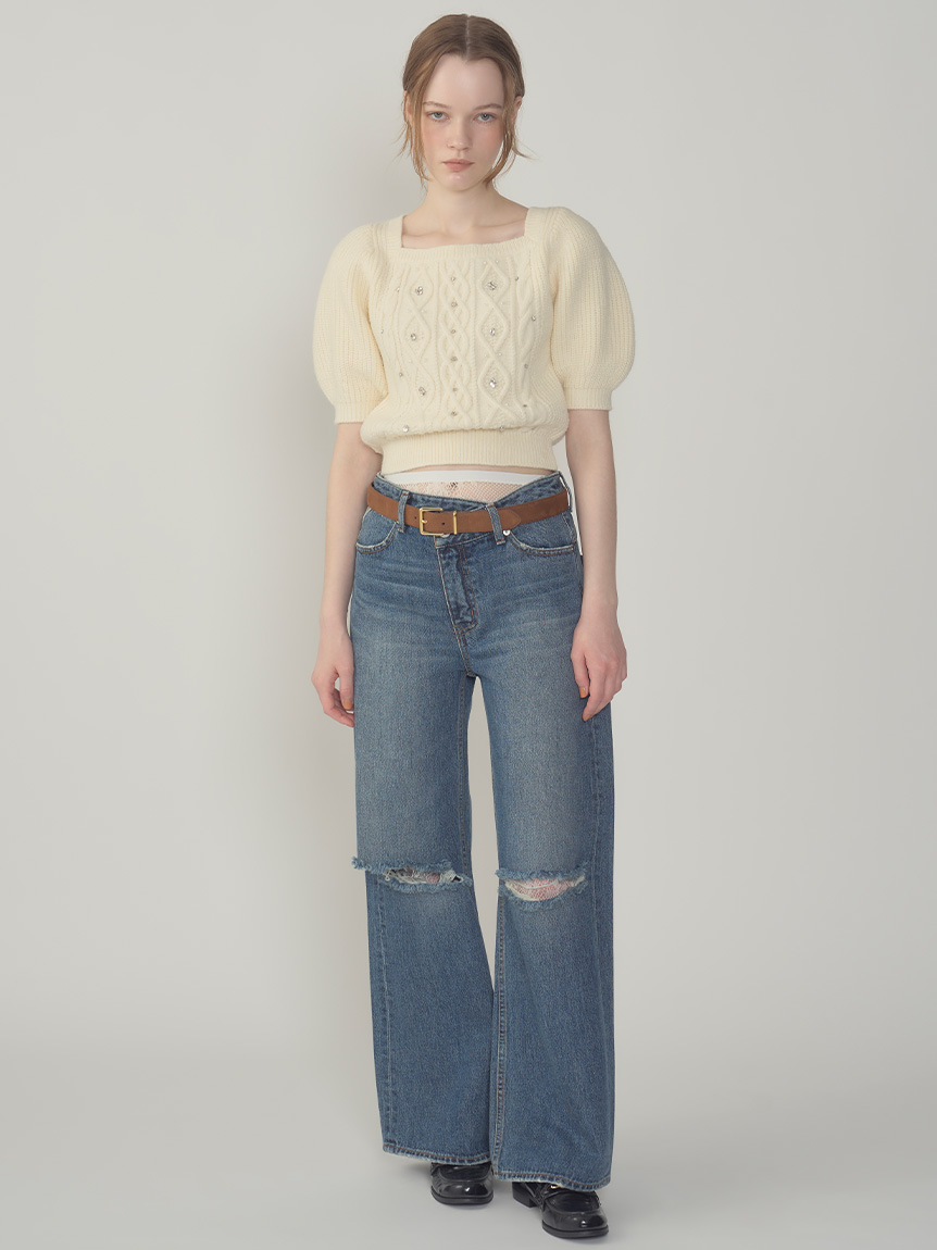 WEB限定00サイズ】ステップウエストワイドデニムパンツ(デニムパンツ