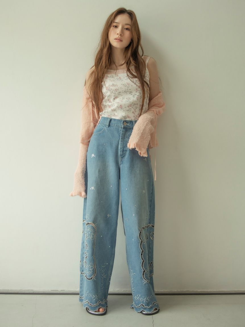 L.B CANDY STOCK]カットワークビジューデニムパンツ(デニムパンツ