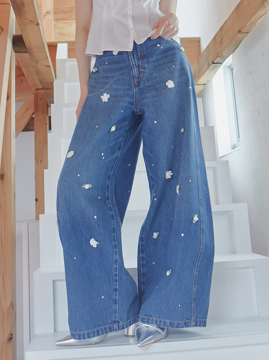 新品未使用　バリエーションビジューデニムパンツ　BLU 0サイズ L.B CANDY STOCK]バリエーションビジューデニムパンツ(ロングパンツ