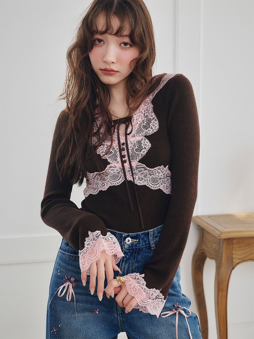WEB限定00サイズ】[L.B CANDY STOCK] フラワービジューデニムパンツ