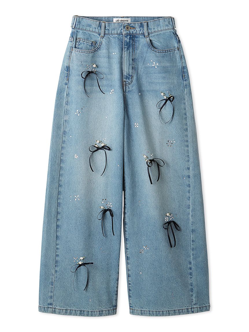 WEB限定00サイズ】[L.B CANDY STOCK] フラワービジューデニムパンツ