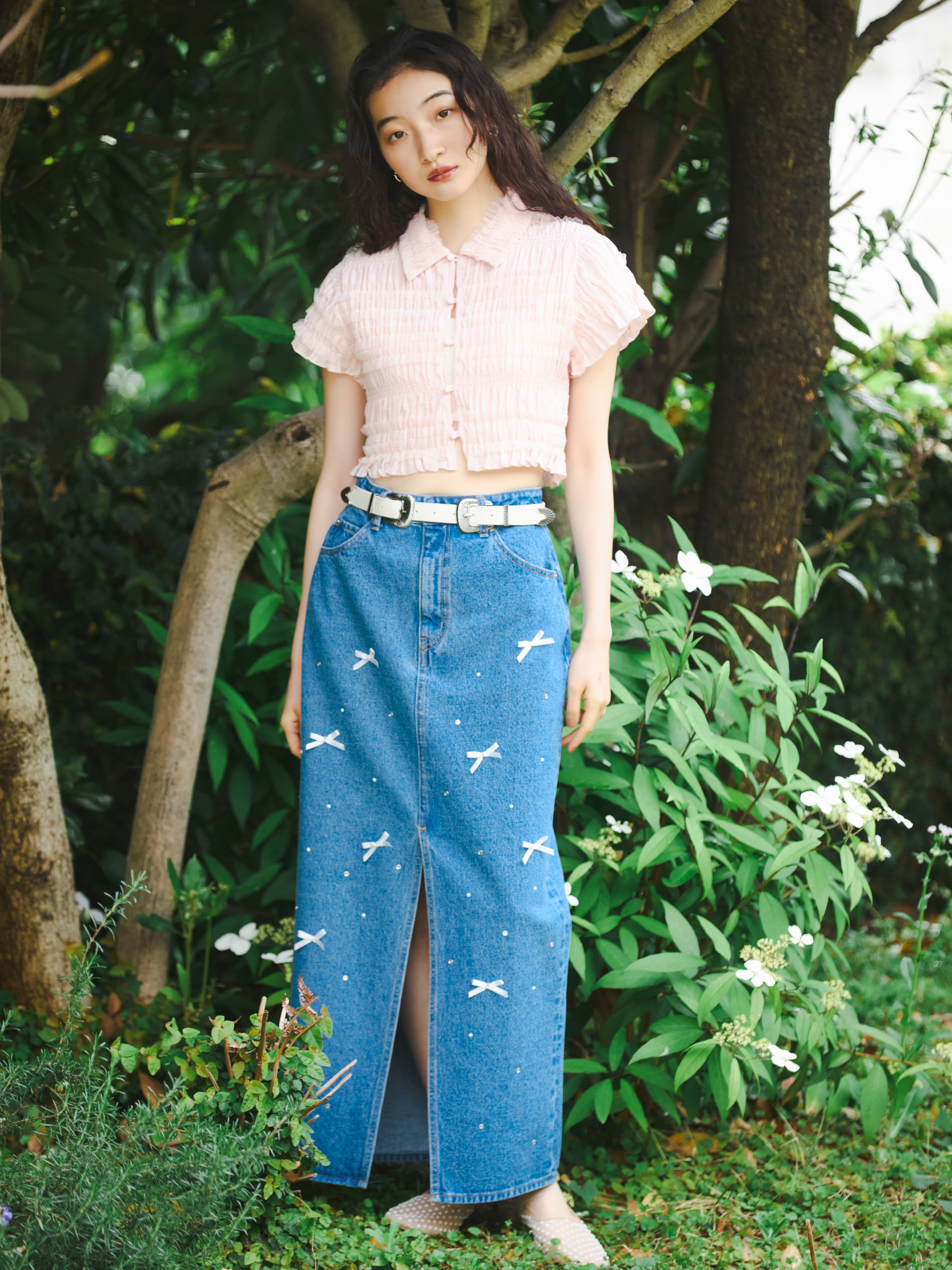 新品 TED BAKER ビジュー デザイン バック リボン フレア スカート WEB限定】[L.B CANDY STOCK]リボンビジューデニムタイトスカート