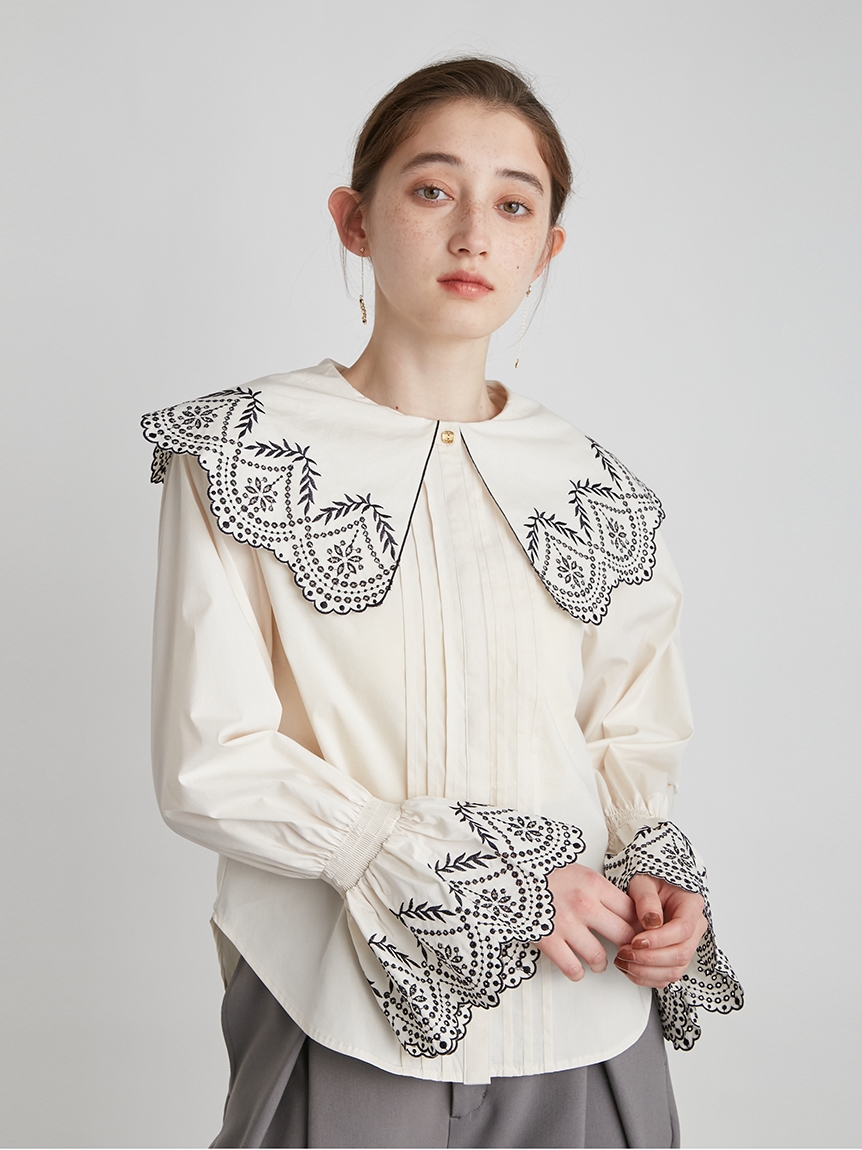 人気の新作 オフホワイト Owht Brown フラワー刺繍カラーブラウス Lily シャツ ブラウス 長袖 七分