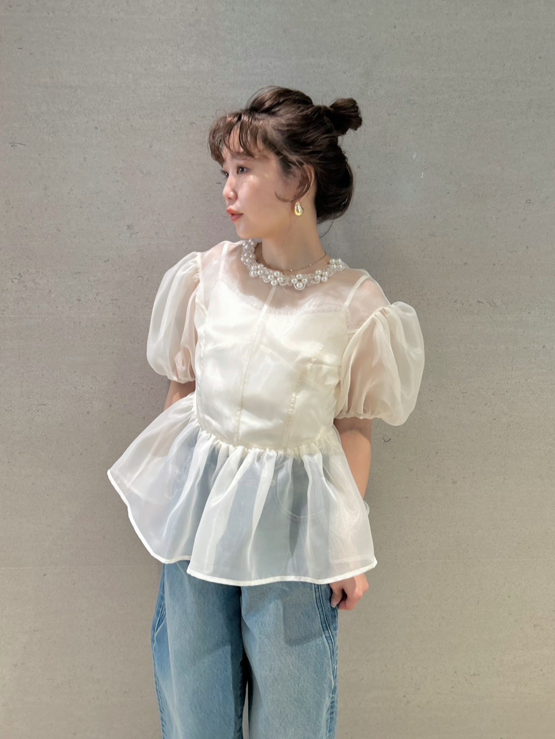 L.B CANDY STOCK]ビジューオーガンペプラムトップス(トップス
