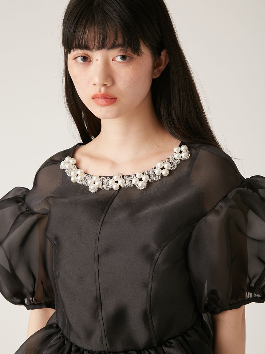 L.B CANDY STOCK]ビジューオーガンペプラムトップス(トップス