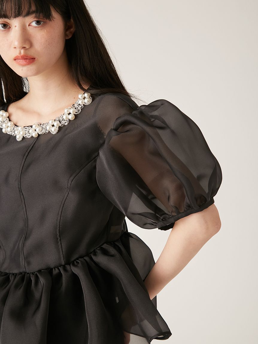 L.B CANDY STOCK]ビジューオーガンペプラムトップス(トップス