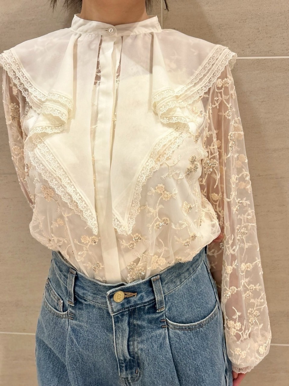 L.B CANDY STOCK]フラワービジューレースブラウス(シャツ