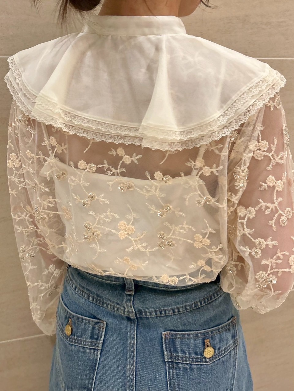 L.B CANDY STOCK]フラワービジューレースブラウス(シャツ