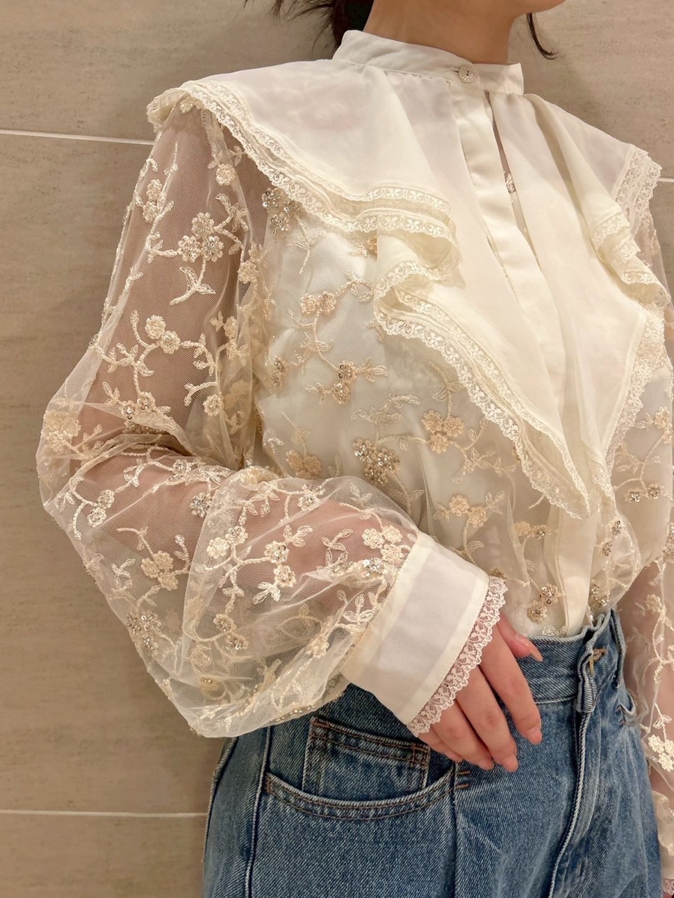 L.B CANDY STOCK]フラワービジューレースブラウス(シャツ