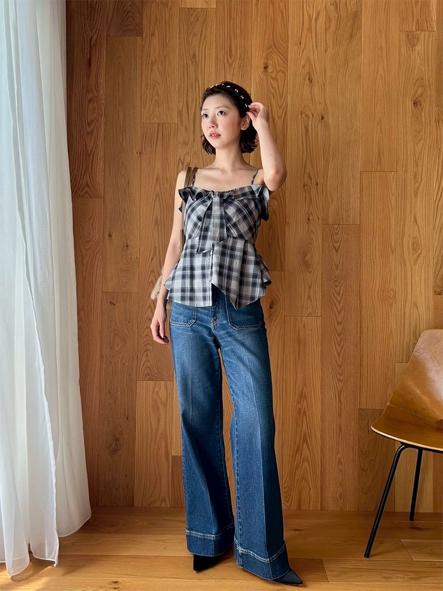 【45R】チェック柄 ペプラム 半袖ブラウス (サイズ2) 45R】チェック柄 ペプラム 半袖ブラウス (サイズ2)