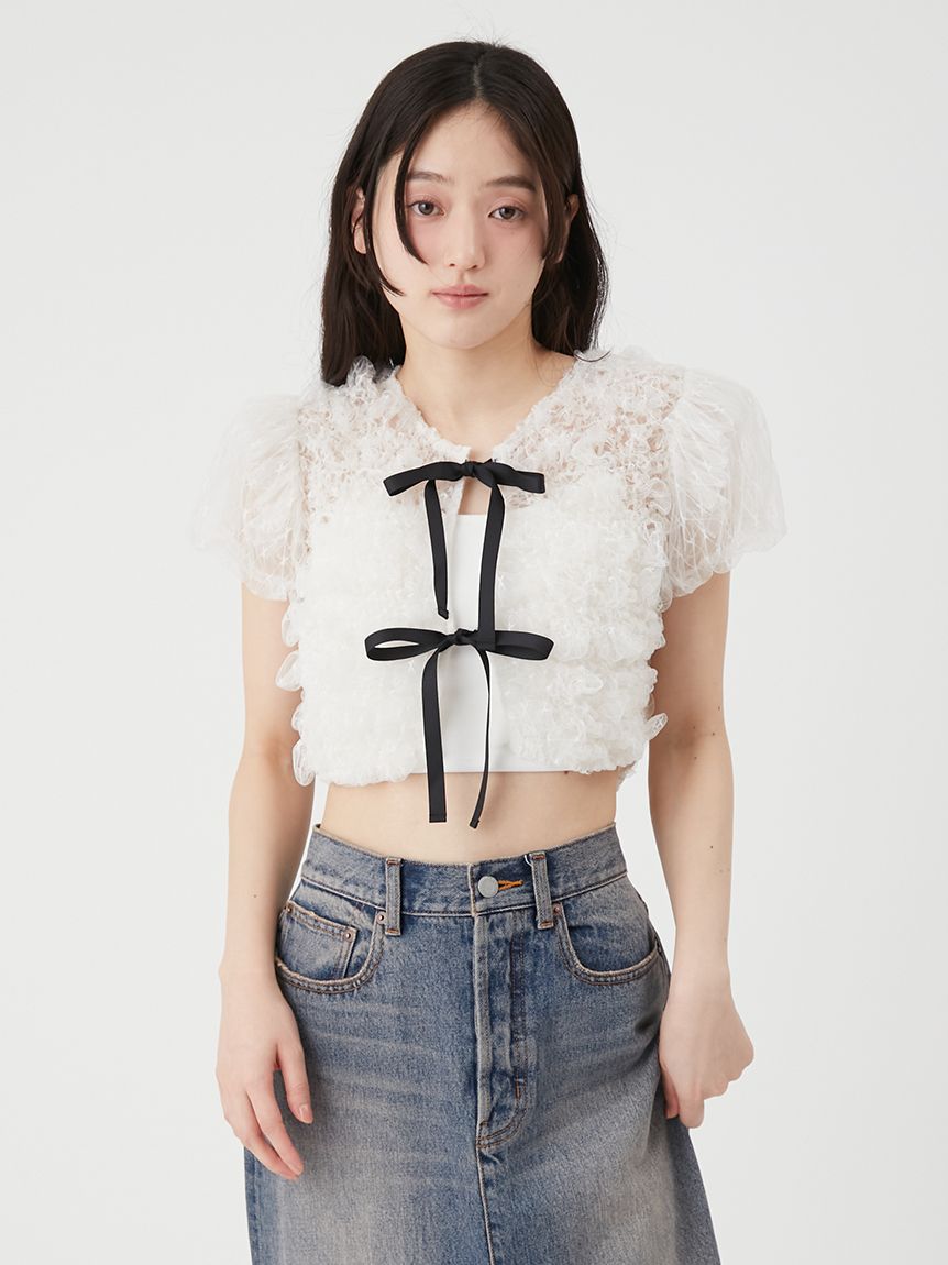 シャーリングコンパクトリボントップス(Tシャツ・カットソー