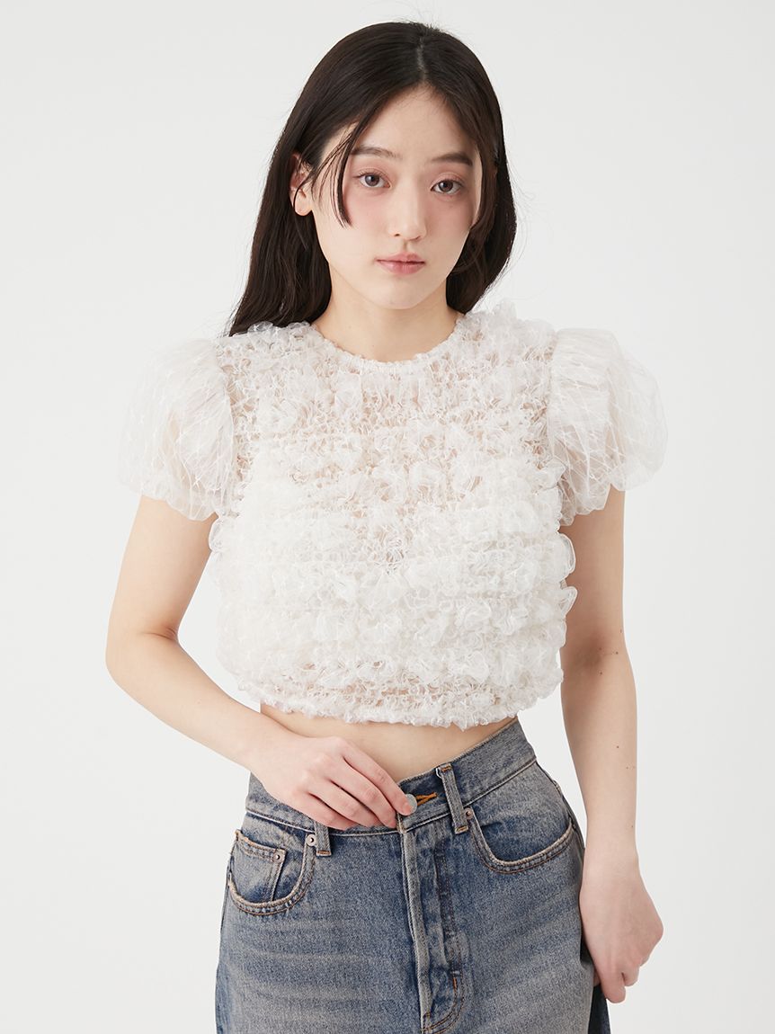 シャーリングコンパクトリボントップス(Tシャツ・カットソー