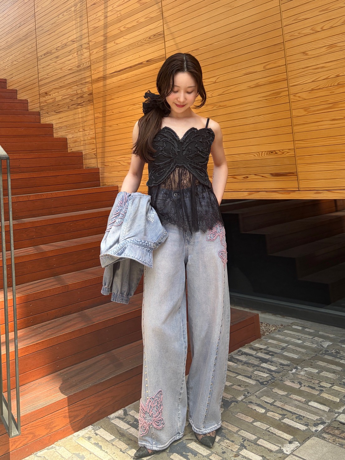 LILY BROWN×ANNA SUI】バタフライレースデニムビスチェトップス