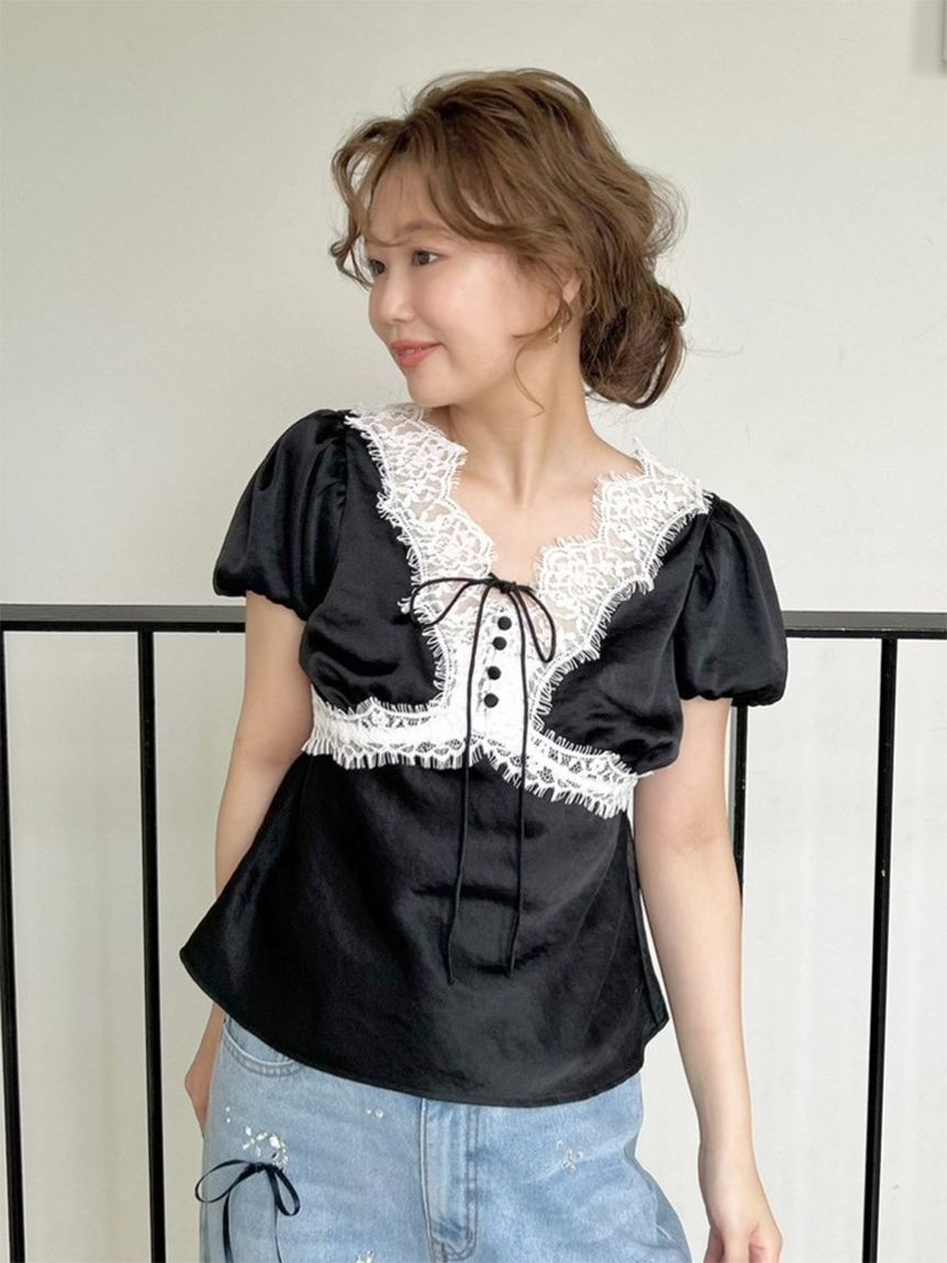 MASU Fringe Lace-Upフリンジ レースアップTシャツ ヴィンテージレースサテントップス(シャツ・ブラウス)｜トップス｜LILY