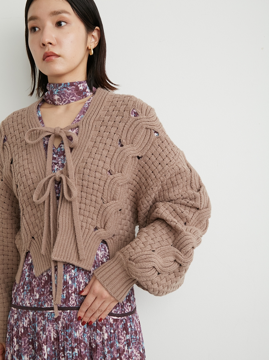 新品・未使用＊【LILYBROWN】フロントボウケーブルニットカーデ-