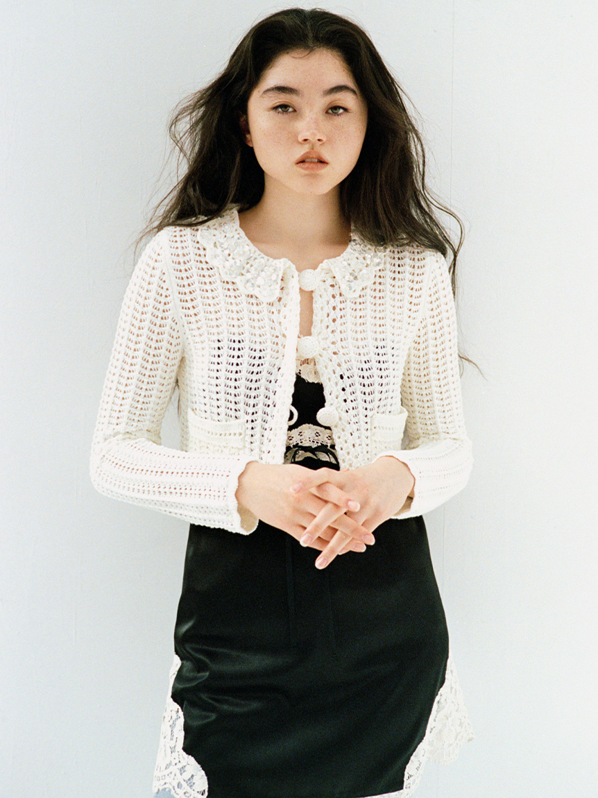 L.B CANDY STOCK]クロシェ編みビジューニットカーディガン