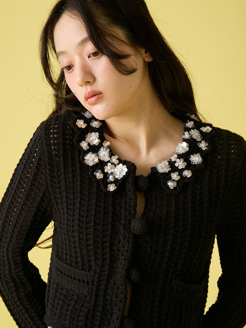 L.B CANDY STOCK]クロシェ編みビジューニットカーディガン