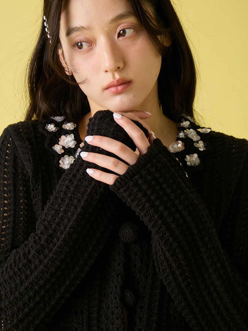 L.B CANDY STOCK]クロシェ編みビジューニットカーディガン