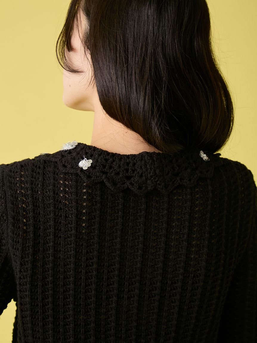 L.B CANDY STOCK]クロシェ編みビジューニットカーディガン