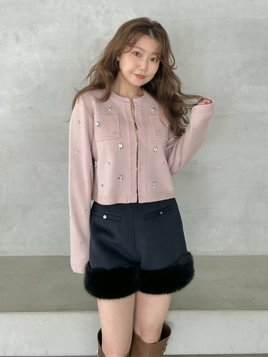 WEB限定】[L.B CANDY STOCK]マルチビジューノーカラーニットジャケット