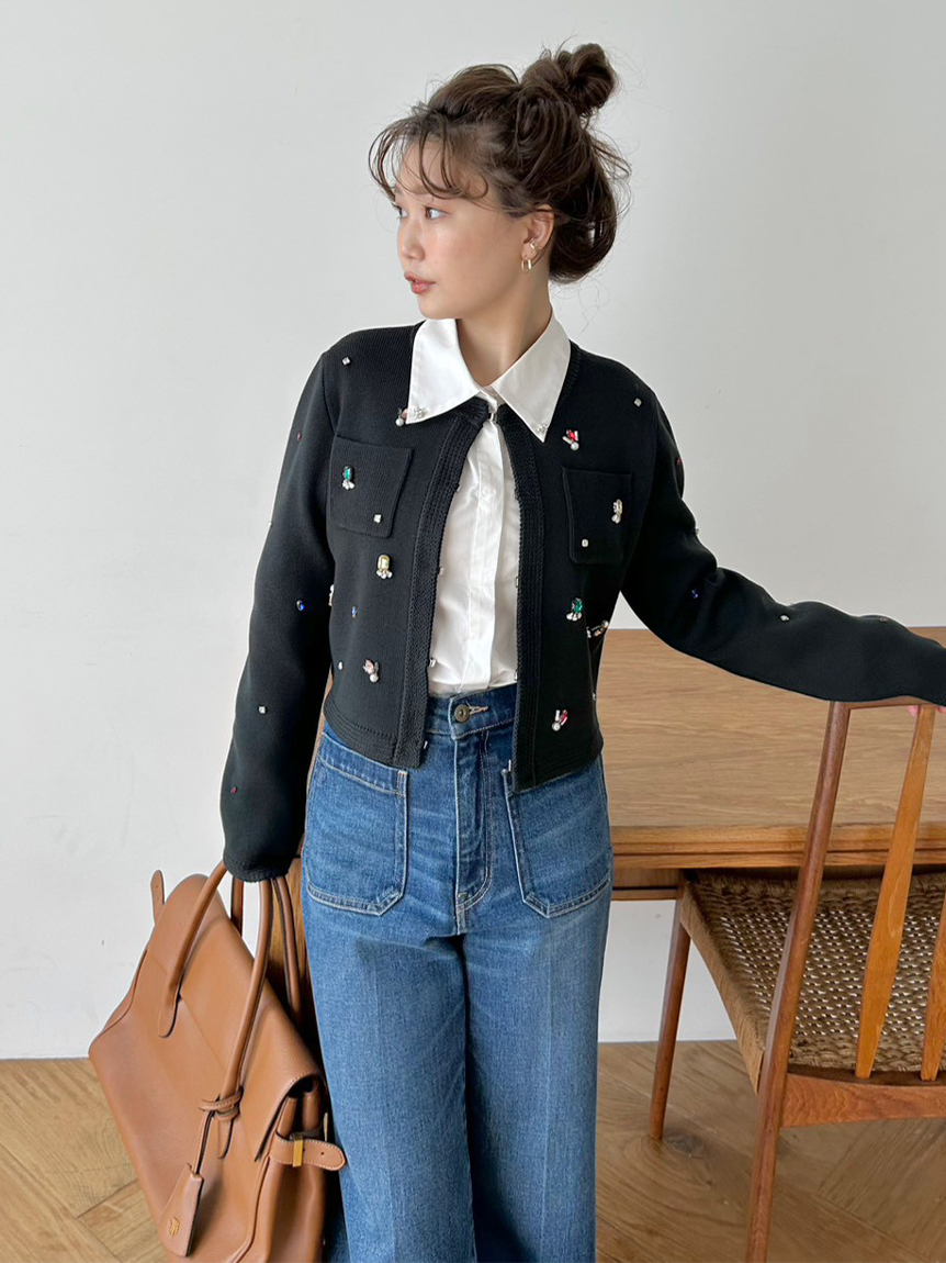 WEB限定】[L.B CANDY STOCK]マルチビジューノーカラーニットジャケット