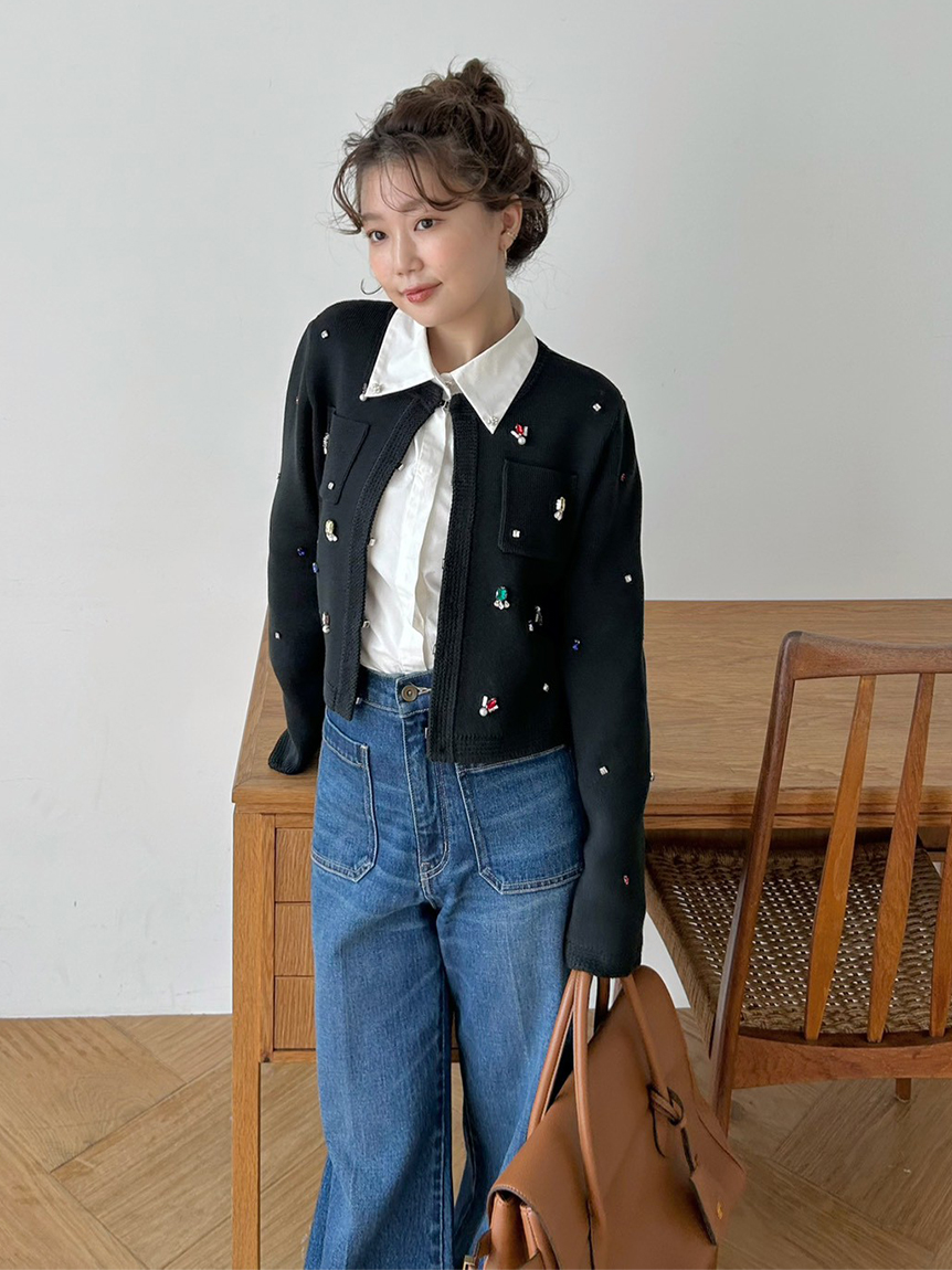 WEB限定】[L.B CANDY STOCK]マルチビジューノーカラーニットジャケット