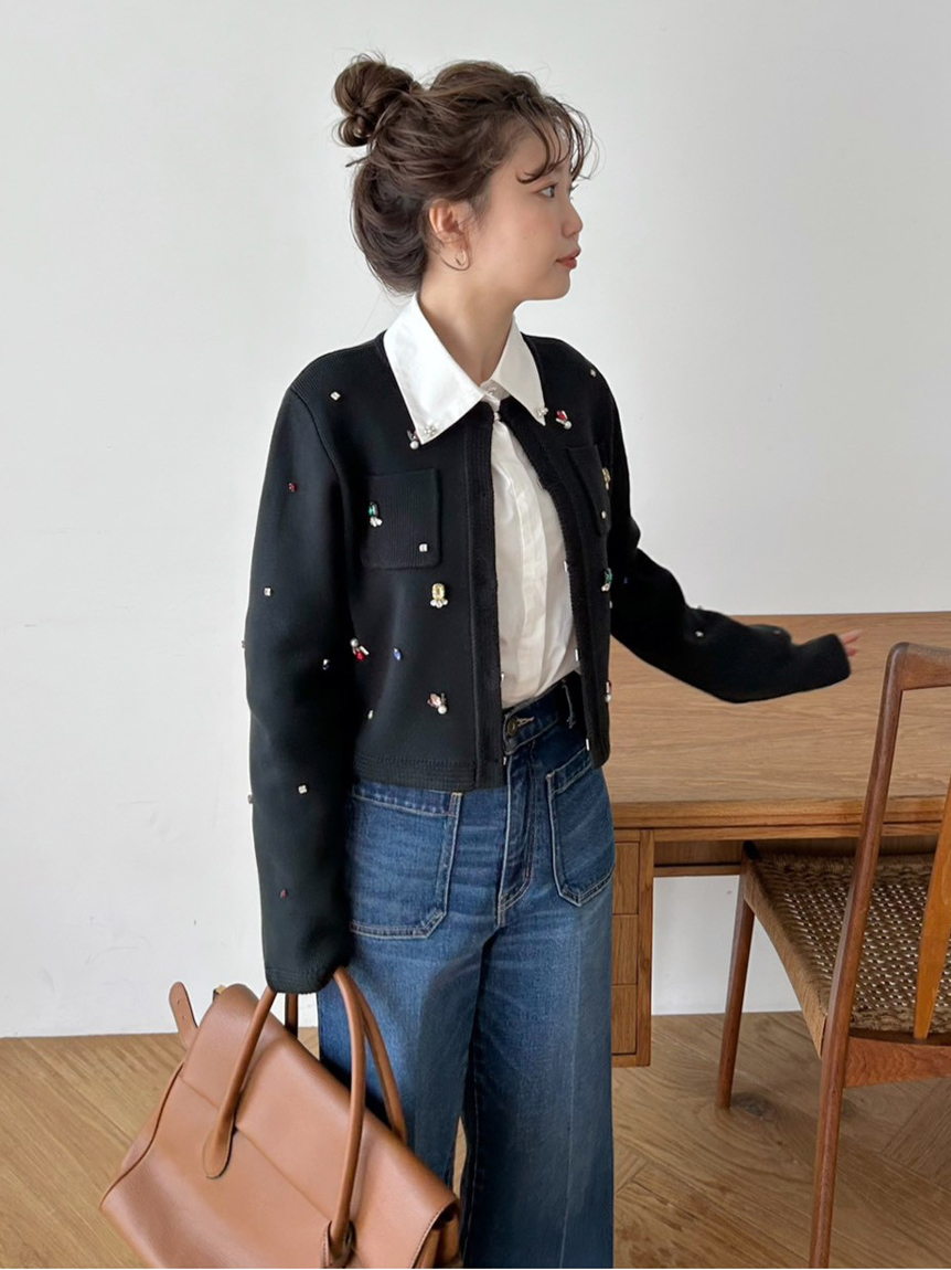 WEB限定】[L.B CANDY STOCK]マルチビジューノーカラーニットジャケット