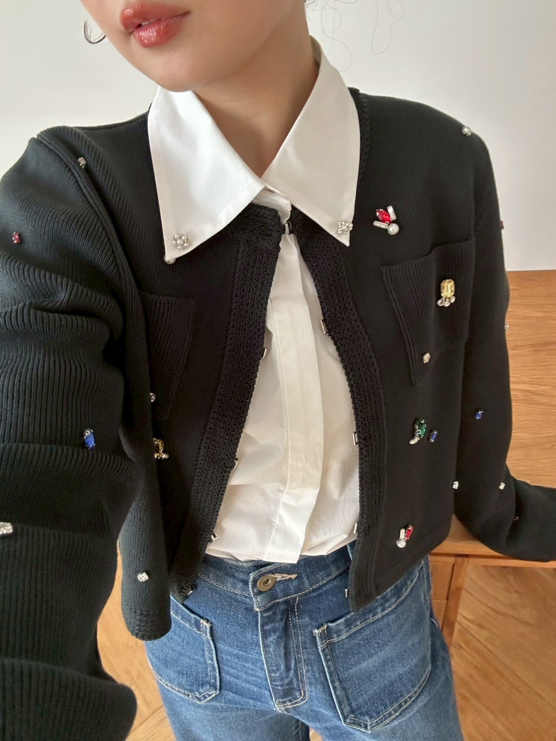 WEB限定】[L.B CANDY STOCK]マルチビジューノーカラーニットジャケット