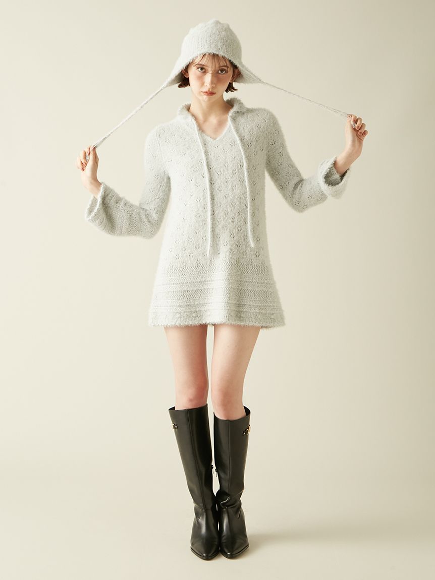 フェザークロシェットニットミニワンピース(ミニワンピース