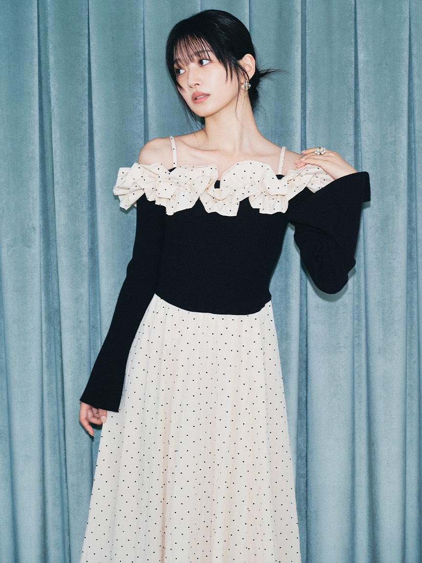 限定カラー】【WEB限定00サイズ】フリルカラーニットコンビワンピース