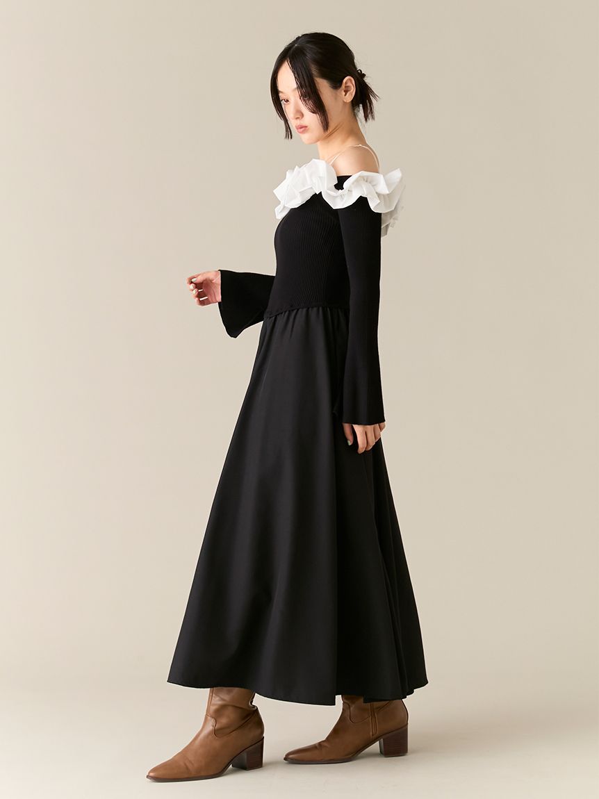 限定カラー】【WEB限定00サイズ】フリルカラーニットコンビワンピース