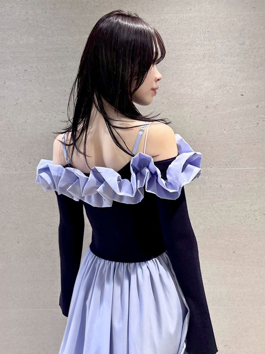 新色追加】フリルカラーニットコンビワンピース(マキシ・ロング