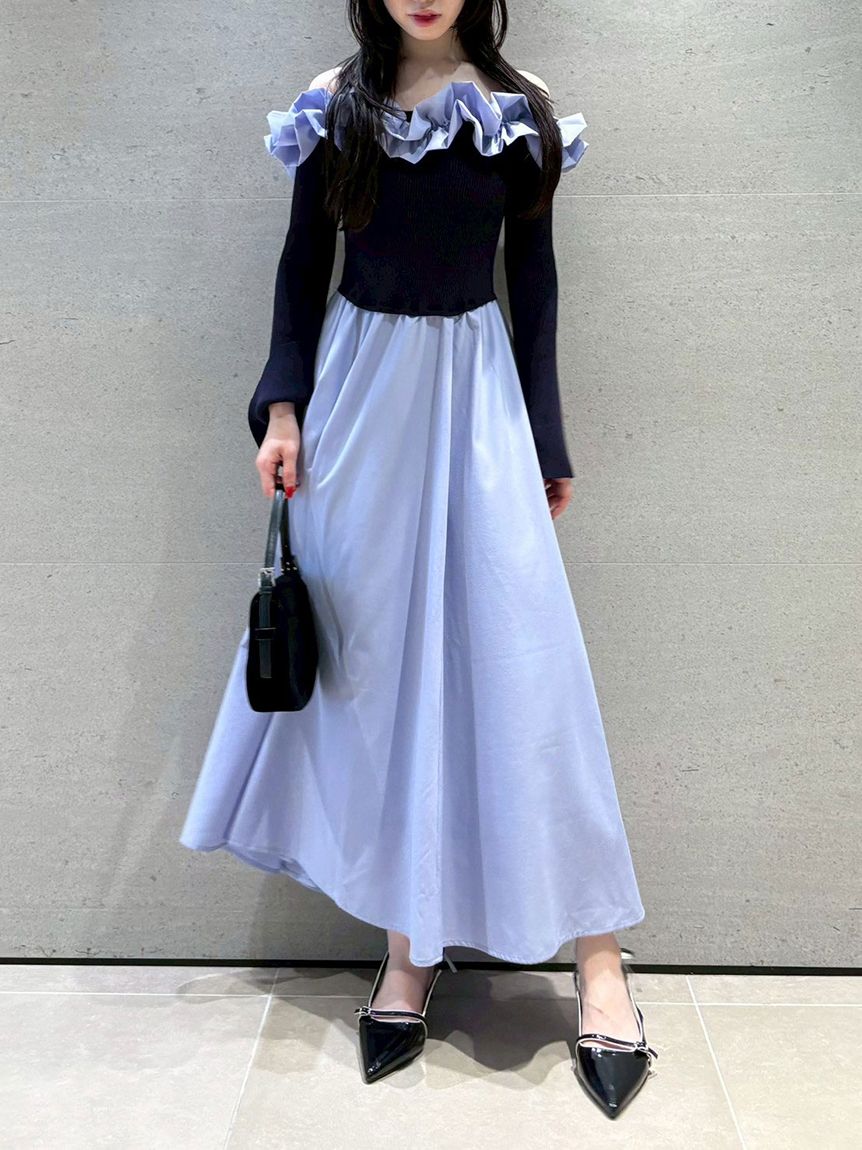 新色追加】フリルカラーニットコンビワンピース(マキシ・ロング