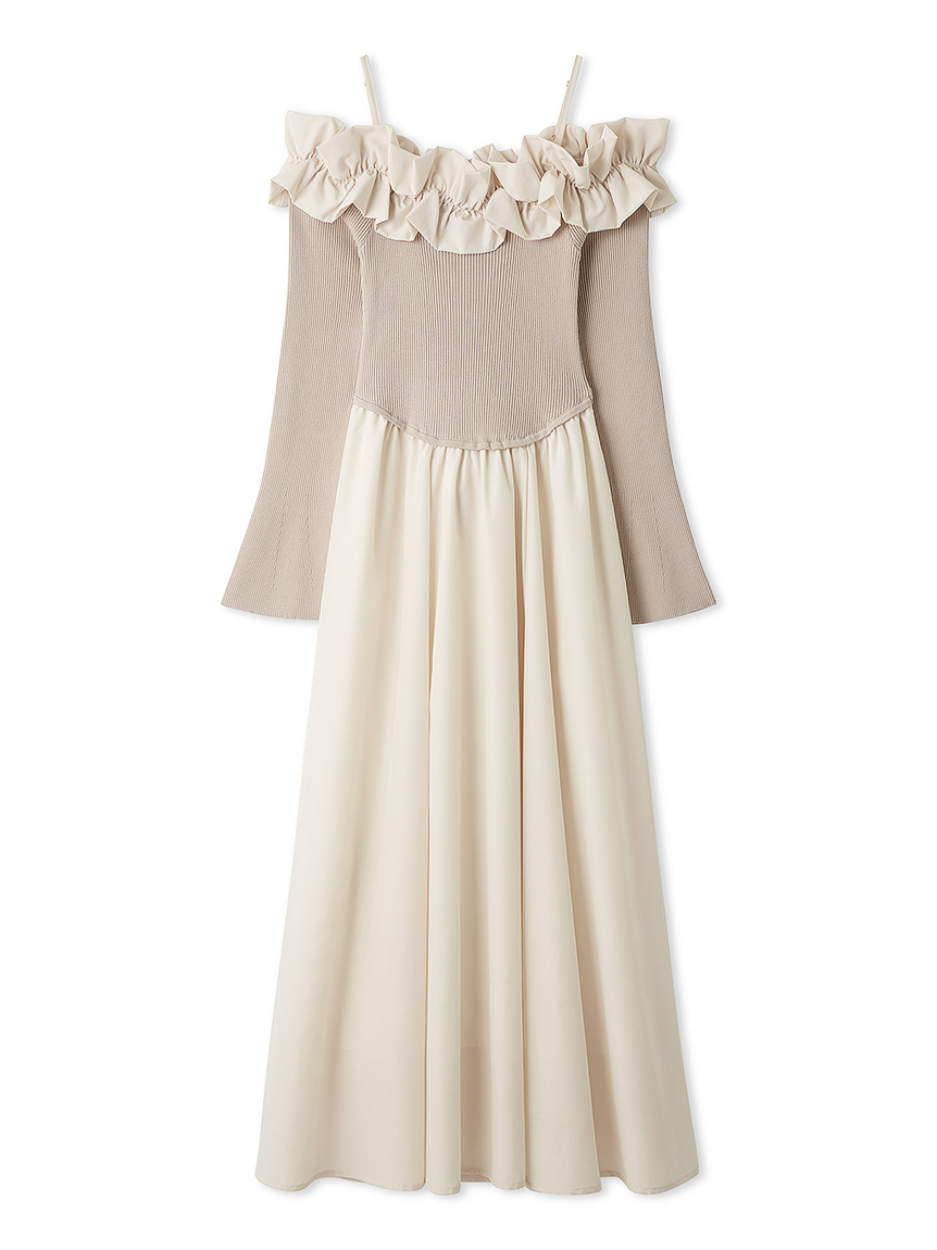 新色追加】フリルカラーニットコンビワンピース(マキシ・ロング