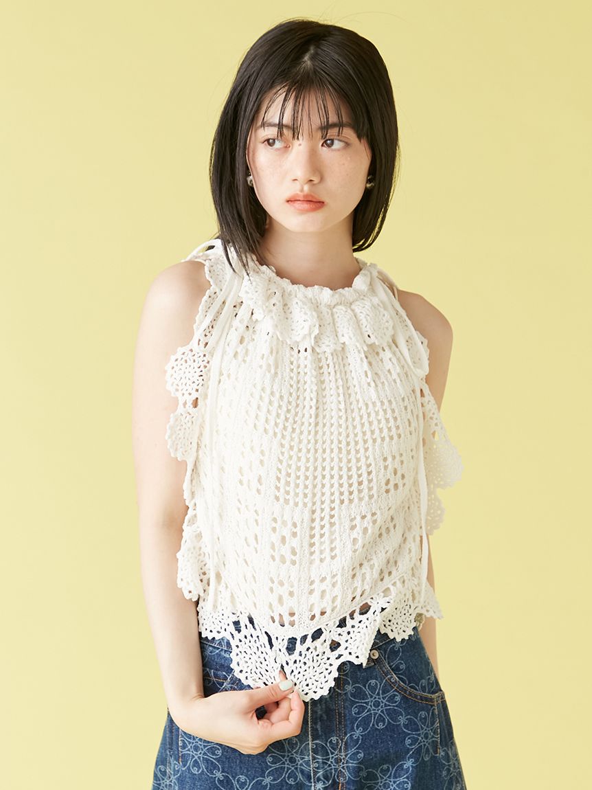 【新品未使用】LILY BROWN / リリー ブラウン クロシェニットトップス シアースリーブリブニットトップス(ニット)｜トップス｜LILY