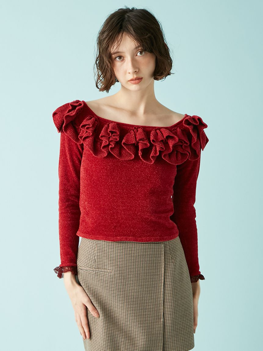 新品タグ付　2wayデコルテフリルトップス　赤　LILY BROWN 新品タグ付 2wayデコルテフリルトップス 赤 LILY BROWN リリーブラウン